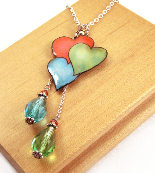 paper jewelry - aqua green and orange hearts necklace