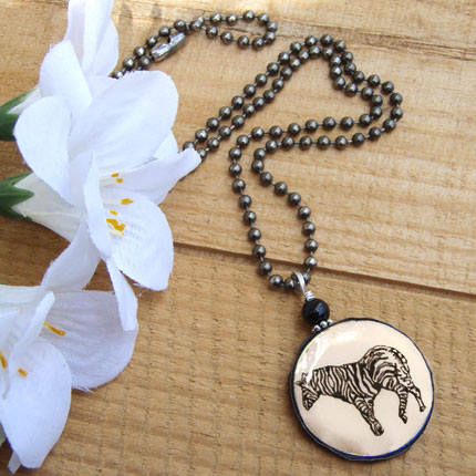 black and white zebra paper pendant...necklace chain is oxidized silver plated ball chain