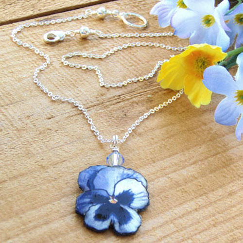 lacquered paper blue pansy necklace with Swarovski crystal