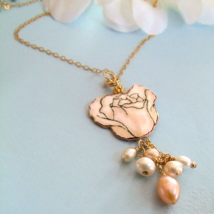 lacquered paper rose necklace with pearls and gold