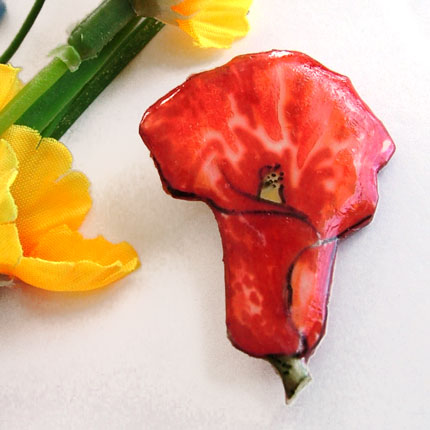 red calla lily lacquered paper handmade pin