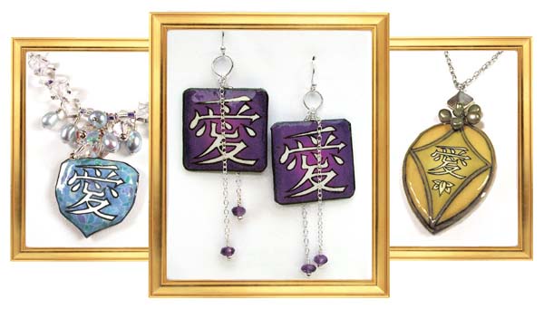 The kanji for love, in paper earrings and pendants
