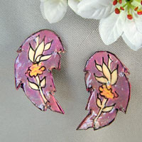 Soft Purple, Yellow and Cream Floral Lacquered Paper Clip On Earrings in Curved Serrated Shape