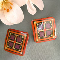 New Quilt Squares Lacquered Paper Clip on Earrings in Rust, Wine and Cream
