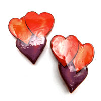 red orange and purple heart clip on earrings made with lacquered paper