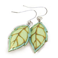 aqua and light green leaf earrings made with layers of lacquered paper