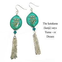 rhinestone teardrops paired with paper earring drops that feature the Japanese katakana Yume or Dream