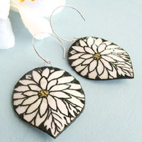 paper jewelry - black and white gerbera daisy paper earrings with sterling silver