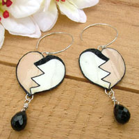Black, white and tan heart lacquered paper earrings with faceted black briolettes
