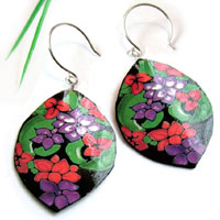 black paper earrings with red and purple flowers