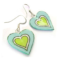 lime green and light blue heart earrings made with lacquered paper and sterling silver