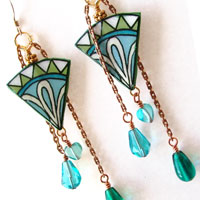 cream green and blue lacquered  earrings with handwired glass bead dangles