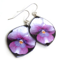 lacquered paper pansy earrings in purple and black