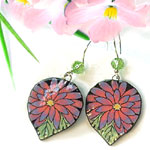 paper earrings with pink gerbera daisies accented with peridot Swarovski crystals