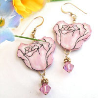 pink rose paper earrings with gold and swarovski crystals