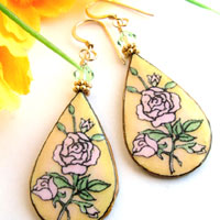 teardrop lacquered paper pink rose earrings with swarovski crystals