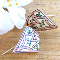 Stained glass art deco patterned lacquered paper earrings in pink, soft green and white