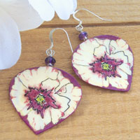 purple and white lacquered paper earrings with faceted amethyst rondelles