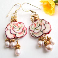 white and pink rose earrings with gold and pearls