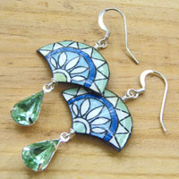 light peridot green vintage glass jewel and art deco patterned lacquered paper earrings