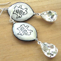 light gray and whtie japanese kanji mother earrings with crystal estate style glass jewels