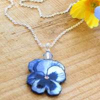 lilac and blue paper pansy pendant accented with a Swarovski crystal and a delicate silver plated chain